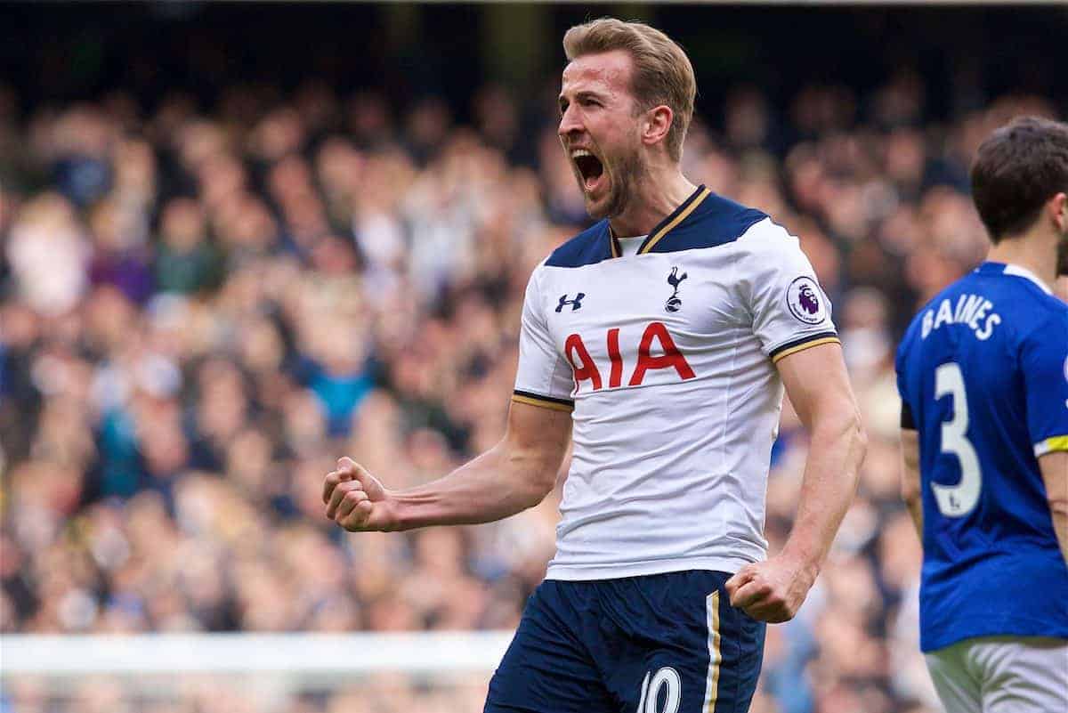 LONDON, ENGLAND - Sunday, March 5, 2017: Tottenham Hotspur's Harry Kane celebrates scoring the first goal against Everton during the FA Premier League match at White Hart Lane. (Pic by David Rawcliffe/Propaganda)