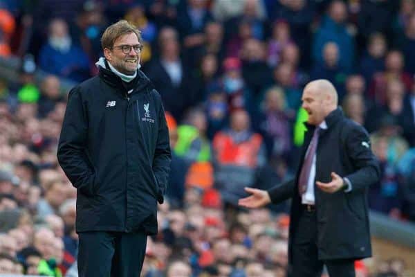 LIVERPOOL, ENGLAND - Sunday, March 12, 2017: Liverpool's manager Jürgen Klopp on the touchline during the FA Premier League match against Burnley at Anfield. (Pic by David Rawcliffe/Propaganda)