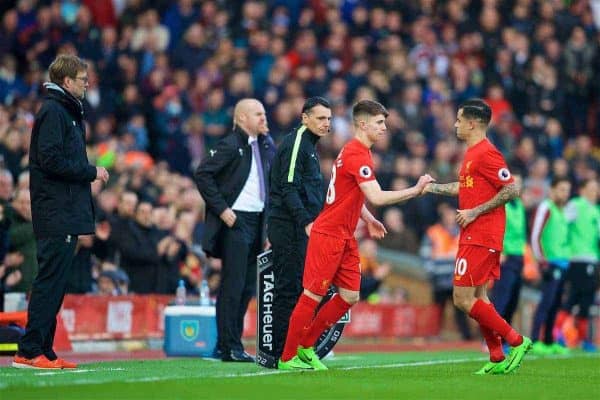 LIVERPOOL, ENGLAND - Sunday, March 12, 2017: Liverpool substitute Ben Woodburn replaces Philippe Coutinho Correia against Burnley during the FA Premier League match at Anfield. (Pic by David Rawcliffe/Propaganda)