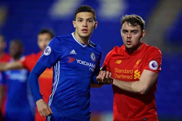 BIRKENHEAD, ENGLAND - Monday, March 13, 2017: Liverpool's Connor Randall and Chelsea's Isaac Christie-Davies during the Under-23 FA Premier League 2 Division 1 match at Prenton Park. (Pic by David Rawcliffe/Propaganda)