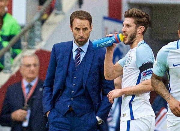 LONDON, ENGLAND - Sunday, March 26, 2017: England's manager Gareth Southgate and Adam Lallana during the 2018 FIFA World Cup Qualifying Group F match against Lithuania at Wembley Stadium. (Pic by David Rawcliffe/Propaganda)