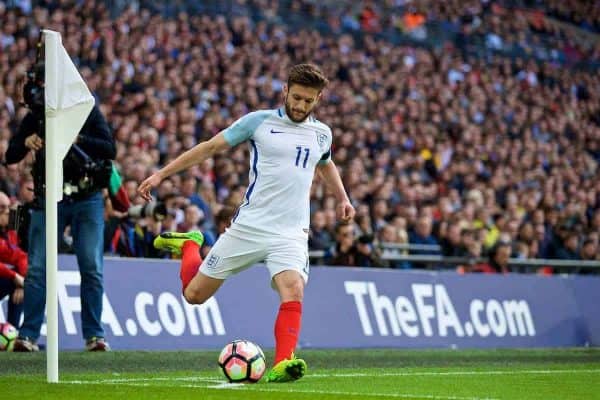 LONDON, ENGLAND - Sunday, March 26, 2017: England's Adam Lallana in action against Lithuania during the 2018 FIFA World Cup Qualifying Group F match at Wembley Stadium. (Pic by David Rawcliffe/Propaganda)