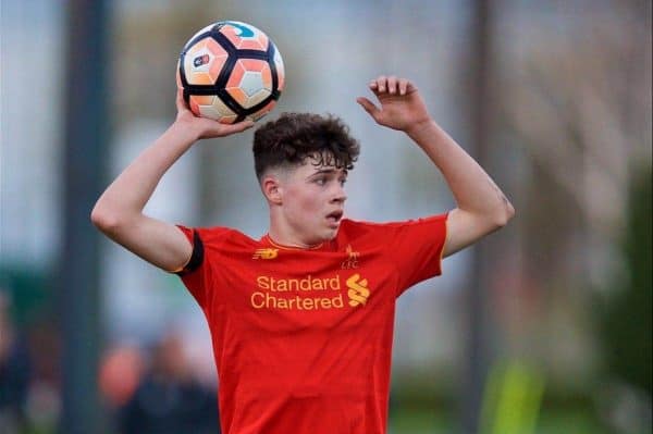 KIRKBY, ENGLAND - Friday, March 31, 2017: Liverpool's Neco Williams takes a throw-in against West Ham United during an Under-18 FA Premier League Merit Group A match at the Kirkby Academy. (Pic by David Rawcliffe/Propaganda)