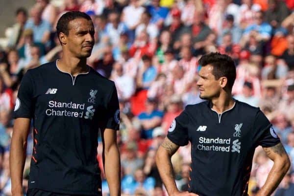 STOKE-ON-TRENT, ENGLAND - Saturday, April 8, 2017: Liverpool's Joel Matip, Dejan Lovren, Ragnar Klavan and Divock Origi during the FA Premier League match against Stoke City at the Bet365 Stadium. (Pic by David Rawcliffe/Propaganda)