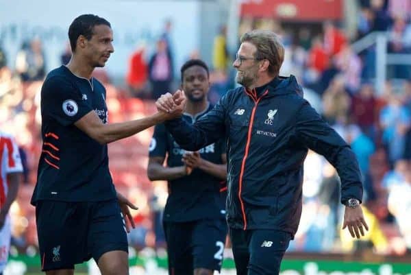 STOKE-ON-TRENT, ENGLAND - Saturday, April 8, 2017: Liverpool's manager Jürgen Klopp celebrates with Joel Matip after the 2-1 victory over Stoke City during the FA Premier League match at the Bet365 Stadium. (Pic by David Rawcliffe/Propaganda)
