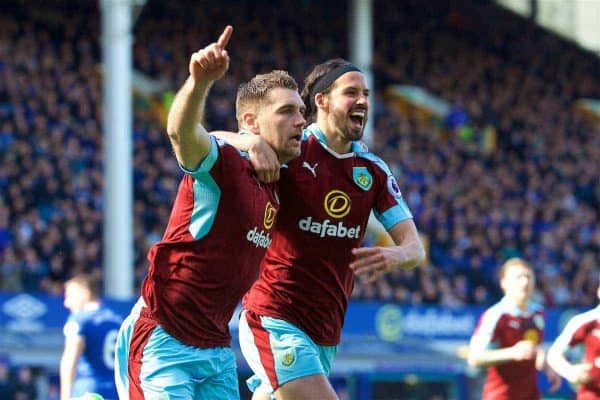 LIVERPOOL, ENGLAND - Saturday, April 15, 2017: Burnley's Sam Vokes celebrates scoring the first equalising goal against Everton, from a penalty kick, with team-mate George Boyd, during the FA Premier League match at Goodison Park. (Pic by David Rawcliffe/Propaganda)