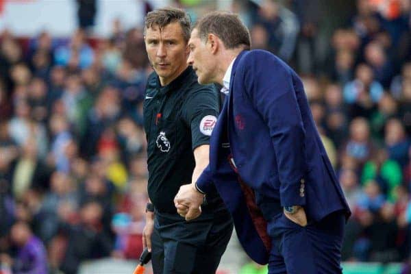 STOKE-ON-TRENT, ENGLAND - Saturday, April 29, 2017: West Ham United's manager Slaven Bilic shakes hands with the assistant linesman during the FA Premier League match against Stoke City at the Bet365 Stadium. (Pic by David Rawcliffe/Propaganda)