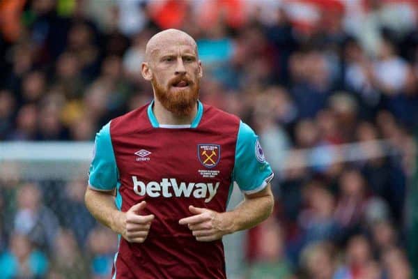 STOKE-ON-TRENT, ENGLAND - Saturday, April 29, 2017: West Ham United's James Collins in action against Stoke City during the FA Premier League match at the Bet365 Stadium. (Pic by David Rawcliffe/Propaganda)