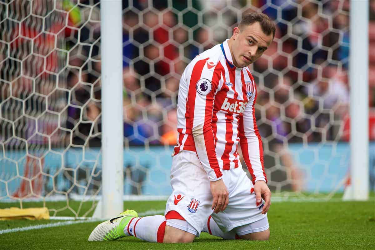 STOKE-ON-TRENT, ENGLAND - Saturday, April 29, 2017: Stoke City's Xherdan Shaqiri looks dejected after missing a chance against West Ham United during the FA Premier League match at the Bet365 Stadium. (Pic by David Rawcliffe/Propaganda)