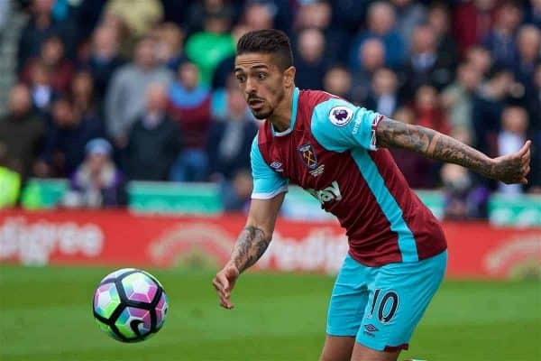 STOKE-ON-TRENT, ENGLAND - Saturday, April 29, 2017: West Ham United's Manuel Lanzini in action against Stoke City during the FA Premier League match at the Bet365 Stadium. (Pic by David Rawcliffe/Propaganda)