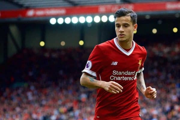 LIVERPOOL, ENGLAND - Sunday, May 21, 2017: Liverpool's Philippe Coutinho Correia in action against Middlesbrough during the FA Premier League match at Anfield. (Pic by David Rawcliffe/Propaganda)