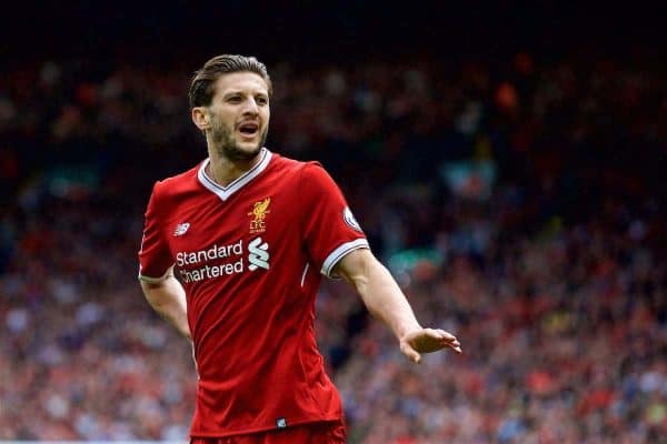 LIVERPOOL, ENGLAND - Sunday, May 21, 2017: Liverpool's Adam Lallana in action against Middlesbrough during the FA Premier League match at Anfield. (Pic by David Rawcliffe/Propaganda)