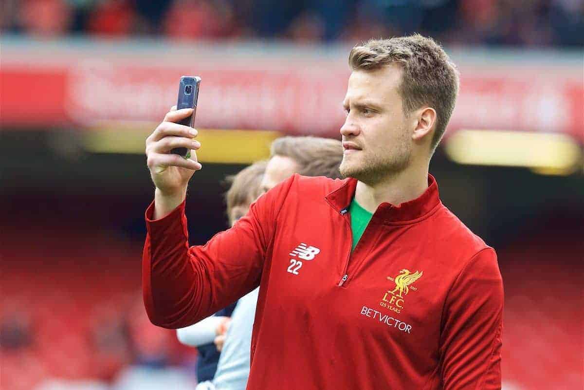 LIVERPOOL, ENGLAND - Sunday, May 21, 2017: Liverpool's goalkeeper Simon Mignolet takes a photo on his phone after the FA Premier League match against Middlesbrough at Anfield. (Pic by David Rawcliffe/Propaganda)