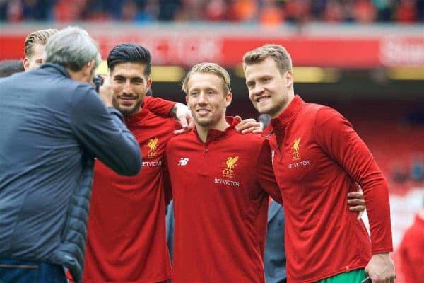 LIVERPOOL, ENGLAND - Sunday, May 21, 2017: Liverpool's Emre Can, Lucas Leiva and goalkeeper Simon Mignolet pose for a photograph after the FA Premier League match against Middlesbrough at Anfield. (Pic by David Rawcliffe/Propaganda)