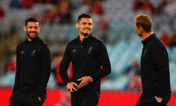 SYDNEY, AUSTRALIA - Wednesday, May 24, 2017: Liverpool's Kevin Stewart and Dejan Lovren before a post-season friendly match against Sydney FC at the ANZ Stadium. (Pic by Jason O'Brien/Propaganda)