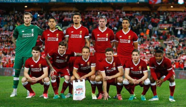 SYDNEY, AUSTRALIA - Wednesday, May 24, 2017: Liverpool's players line up for a team group photograph before a post-season friendly match against Sydney FC at the ANZ Stadium. Back row L-R: goalkeeper Loris Karius, Roberto Firmino, Dejan Lovren, Jamie Carragher, Trent Alexander-Arnold. Front row L-R: Ben Woodburn, Alberto Moreno, Lucas Leiva, Steven Gerrard, Harry Wilson, Daniel Sturridge. (Pic by Jason O'Brien/Propaganda)