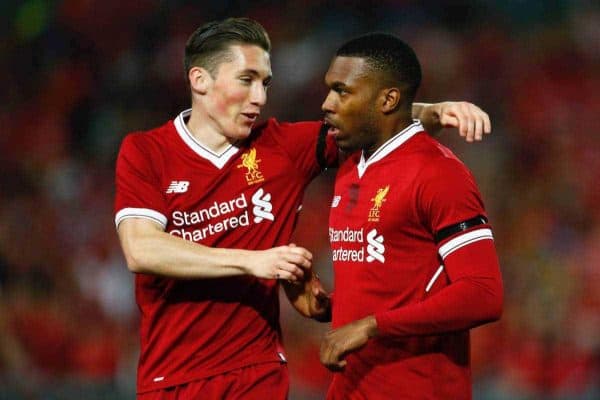 SYDNEY, AUSTRALIA - Wednesday, May 24, 2017: Liverpool's Daniel Sturridge celebrates scoring the first goal against Sydney FC with team-mate Harry Wilson during a post-season friendly match at the ANZ Stadium. (Pic by Jason O'Brien/Propaganda)