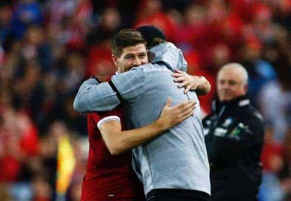 SYDNEY, AUSTRALIA - Wednesday, May 24, 2017: Liverpool's Steven Gerrard is hugged by manager Jürgen Klopp as he is substituted during a post-season friendly match against Sydney FC at the ANZ Stadium. (Pic by Jason O'Brien/Propaganda)