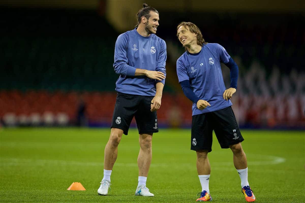 CARDIFF, WALES - Friday, June 2, 2017: Real Madrid's Gareth Bale and Luka Modri? during a training session ahead of the UEFA Champions League Final between Juventus FC and Real Madrid CF at the Stadium of Wales. (Pic by David Rawcliffe/Propaganda)