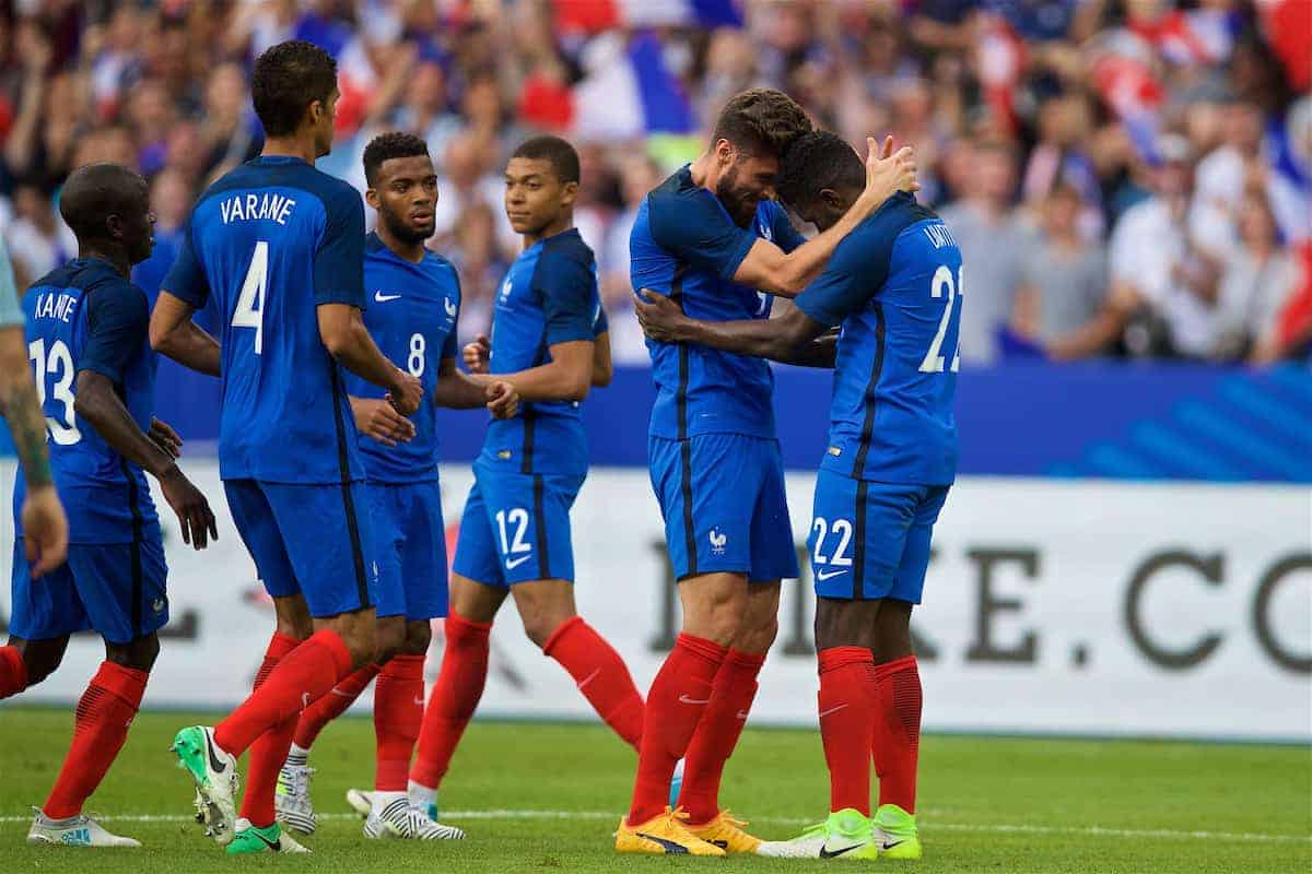 PARIS, FRANCE - Tuesday, June 13, 2017: France's Samuel Umtiti celebrates scoring the first goal against England with team-mate Olivier Giroud during an international friendly match at the Stade de France. (Pic by David Rawcliffe/Propaganda)