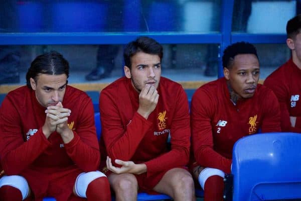 BIRKENHEAD, ENGLAND - Wednesday, July 12, 2017: Liverpool's substitutes Lazar Markovic, Pedro Chirivella and Nathaniel Clyne before a preseason friendly match at Prenton Park. (Pic by David Rawcliffe/Propaganda)