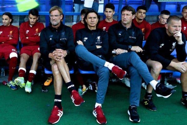 BIRKENHEAD, ENGLAND - Wednesday, July 12, 2017: Liverpool's manager J¸rgen Klopp with assistant manager Zeljko Buvac and first team coach Peter Krawietz before a preseason friendly match against Tranmere Rovers at Prenton Park. (Pic by David Rawcliffe/Propaganda)