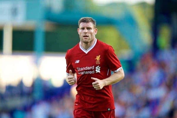 BIRKENHEAD, ENGLAND - Wednesday, July 12, 2017: Liverpool's James Milner in action against Tranmere Rovers during a preseason friendly match at Prenton Park. (Pic by David Rawcliffe/Propaganda)