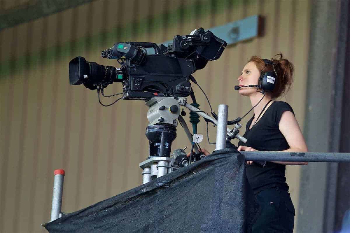 BIRKENHEAD, ENGLAND - Wednesday, July 12, 2017: A female television camera operator during a preseason friendly match at Prenton Park. (Pic by David Rawcliffe/Propaganda)