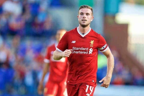 BIRKENHEAD, ENGLAND - Wednesday, July 12, 2017: Liverpool's captain Jordan Henderson in action against Tranmere Rovers during a preseason friendly match at Prenton Park. (Pic by David Rawcliffe/Propaganda)