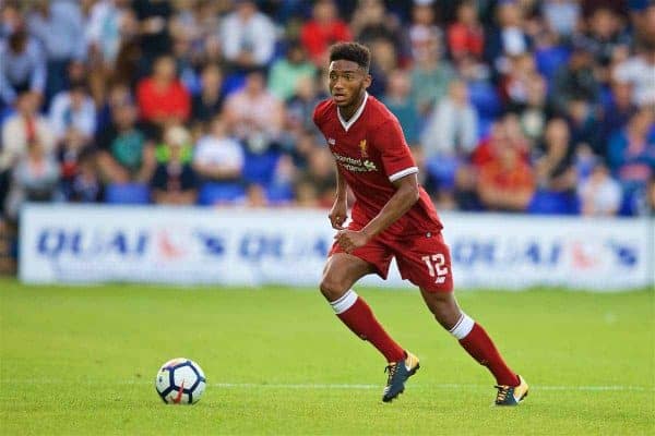 BIRKENHEAD, ENGLAND - Wednesday, July 12, 2017: Liverpool's Joe Gomez in action against Tranmere Rovers during a preseason friendly match at Prenton Park. (Pic by David Rawcliffe/Propaganda)