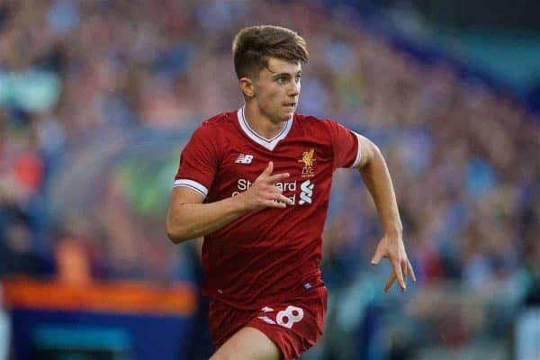 BIRKENHEAD, ENGLAND - Wednesday, July 12, 2017: Liverpool's Ben Woodburn in action against Tranmere Rovers during a preseason friendly match at Prenton Park. (Pic by David Rawcliffe/Propaganda)