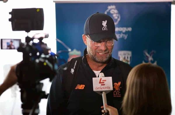 HONG KONG, CHINA - Monday, July 17, 2017: Liverpool's manager Jürgen Klopp is interviewed by Le Sports TV as he arrives at the Ritz-Carlton Hotel in Kowloon, Hong Kong, ahead of the Premier League Asia Trophy 2017. (Pic by David Rawcliffe/Propaganda)
