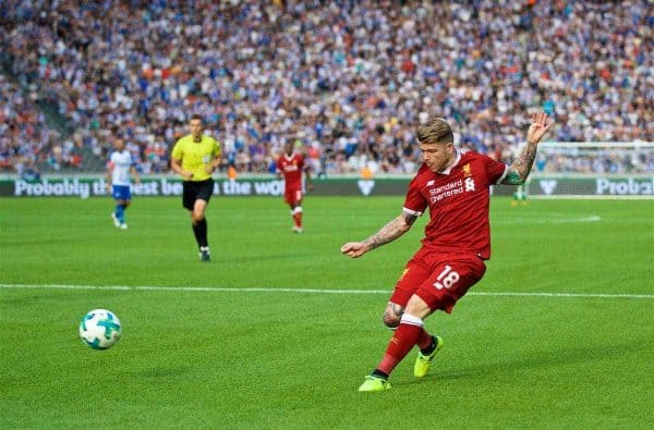 BERLIN, GERMANY - Saturday, July 29, 2017: Liverpool's Alberto Moreno during a preseason friendly match celebrating 125 years of football for Liverpool and Hertha BSC Berlin at the Olympic Stadium. (Pic by David Rawcliffe/Propaganda)
