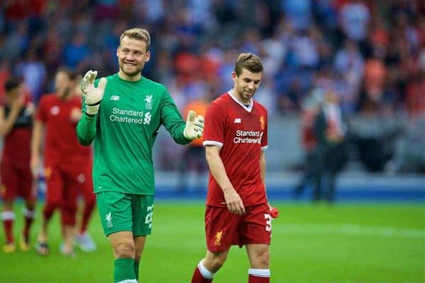 BERLIN, GERMANY - Saturday, July 29, 2017: Liverpool's goalkeeper Simon Mignolet and Jon Flanagan after a preseason friendly match celebrating 125 years of football for Liverpool and Hertha BSC Berlin at the Olympic Stadium. (Pic by David Rawcliffe/Propaganda)