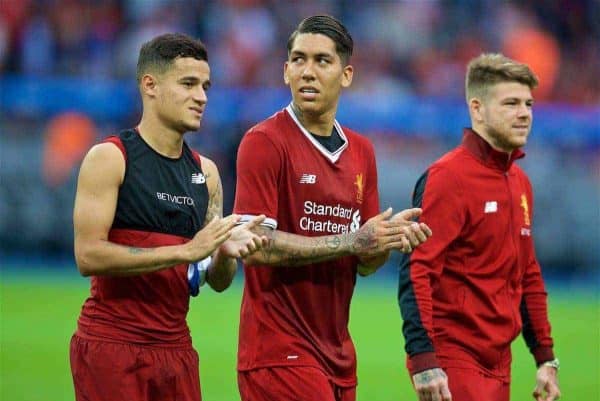 BERLIN, GERMANY - Saturday, July 29, 2017: Liverpool's Philippe Coutinho Correia and Roberto Firmino after a preseason friendly match celebrating 125 years of football for Liverpool and Hertha BSC Berlin at the Olympic Stadium. (Pic by David Rawcliffe/Propaganda)