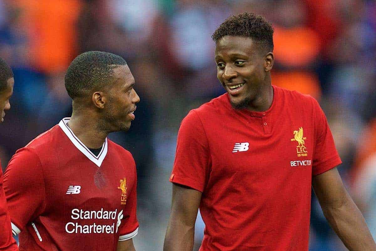 BERLIN, GERMANY - Saturday, July 29, 2017: Liverpool's Georginio Wijnaldum, Daniel Sturridge and Divock Origi after a preseason friendly match celebrating 125 years of football for Liverpool and Hertha BSC Berlin at the Olympic Stadium. (Pic by David Rawcliffe/Propaganda)