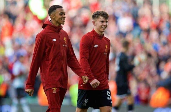 DUBLIN, REPUBLIC OF IRELAND - Saturday, August 5, 2017: Liverpool's Trent Alexander-Arnold and Ben Woodburn after a preseason friendly match between Athletic Club Bilbao and Liverpool at the Aviva Stadium. (Pic by David Rawcliffe/Propaganda)