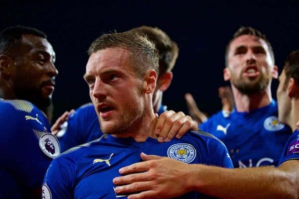 LONDON, ENGLAND - Friday, August 11, 2017: Leicester City's Jamie Vardy celebrates scoring the third goal during the FA Premier League match between Arsenal and Leicester City at the Emirates Stadium. (Pic by David Rawcliffe/Propaganda)