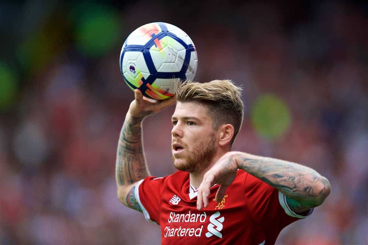 WATFORD, ENGLAND - Saturday, August 12, 2017: Liverpool's Alberto Moreno takes a throw-in during the FA Premier League match between Watford and Liverpool at Vicarage Road. (Pic by David Rawcliffe/Propaganda)