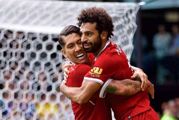 WATFORD, ENGLAND - Saturday, August 12, 2017: Liverpool's Mohamed Salah celebrates scoring the third goal with team-mate Roberto Firmino during the FA Premier League match between Watford and Liverpool at Vicarage Road. (Pic by David Rawcliffe/Propaganda)