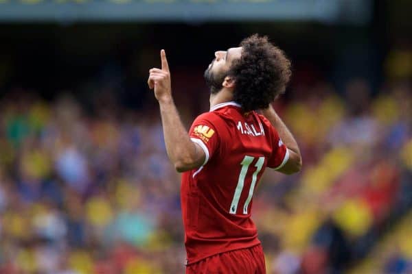 WATFORD, ENGLAND - Saturday, August 12, 2017: Liverpool's Mohamed Salah prays as he celebrates scoring the third goal during the FA Premier League match between Watford and Liverpool at Vicarage Road. Georginio Wijnaldum, captain Jordan Henderson, Sadio Mane, Alberto Moreno, Emre Can, Roberto Firmino. (Pic by David Rawcliffe/Propaganda)