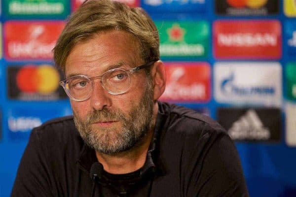 SINSHEIM, GERMANY - Monday, August 14, 2017: Liverpool's manager Jürgen Klopp during a press conference ahead of the UEFA Champions League Play-Off 1st Leg match against TSG 1899 Hoffenheim at the Rhein-Neckar-Arena. (Pic by David Rawcliffe/Propaganda)