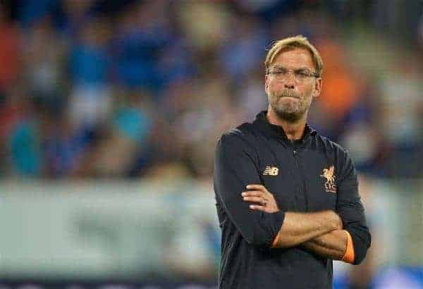 SINSHEIM, GERMANY - Tuesday, August 15, 2017: Liverpool's manager Jürgen Klopp before the UEFA Champions League Play-Off 1st Leg match between TSG 1899 Hoffenheim and Liverpool at the Rhein-Neckar-Arena. (Pic by David Rawcliffe/Propaganda)