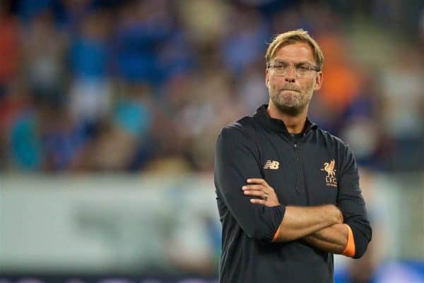 SINSHEIM, GERMANY - Tuesday, August 15, 2017: Liverpool's manager Jürgen Klopp before the UEFA Champions League Play-Off 1st Leg match between TSG 1899 Hoffenheim and Liverpool at the Rhein-Neckar-Arena. (Pic by David Rawcliffe/Propaganda)