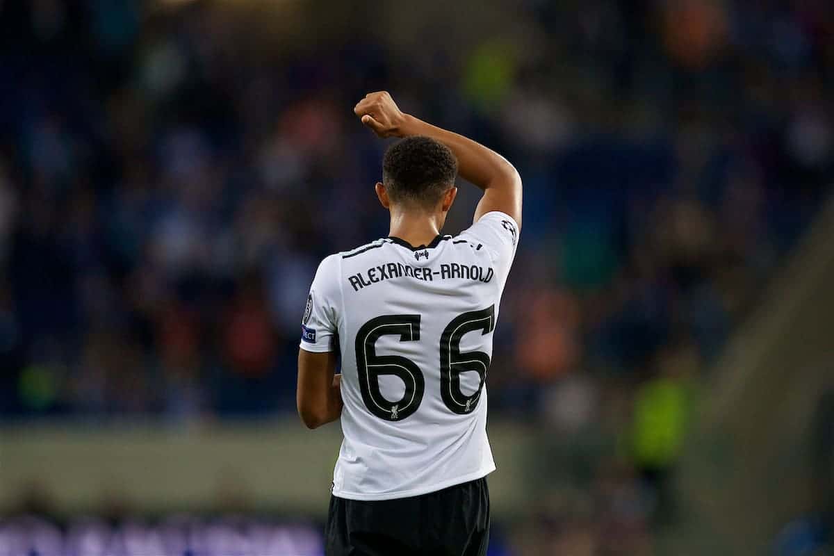 SINSHEIM, GERMANY - Tuesday, August 15, 2017: Liverpool's goal-scorer Trent Alexander-Arnold salutes the travelling supporters after beating TSG 1899 Hoffenheim 2-1 during the UEFA Champions League Play-Off 1st Leg match between TSG 1899 Hoffenheim and Liverpool at the Rhein-Neckar-Arena. (Pic by David Rawcliffe/Propaganda)