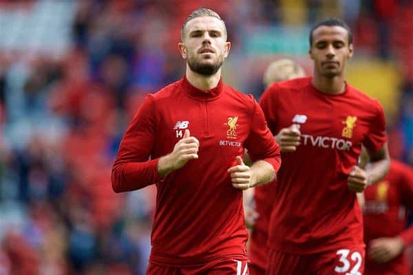 LIVERPOOL, ENGLAND - Saturday, August 19, 2017: Liverpool's captain Jordan Henderson warms-up before the FA Premier League match between Liverpool and Crystal Palace at Anfield. (Pic by David Rawcliffe/Propaganda)