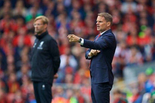 LIVERPOOL, ENGLAND - Saturday, August 19, 2017: Crystal Palace's manager Frank de Boer during the FA Premier League match between Liverpool and Crystal Palace at Anfield. (Pic by David Rawcliffe/Propaganda)