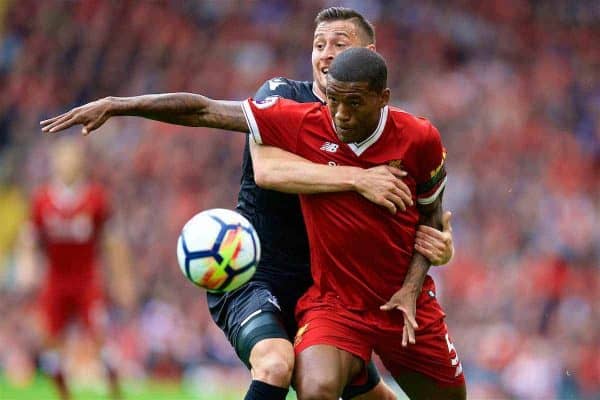 LIVERPOOL, ENGLAND - Saturday, August 19, 2017: Liverpool's Georginio Wijnaldum and Crystal Palace's Joel Ward during the FA Premier League match between Liverpool and Crystal Palace at Anfield. (Pic by David Rawcliffe/Propaganda)