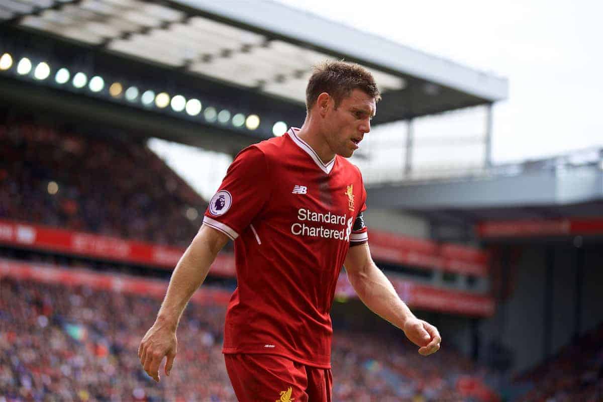 LIVERPOOL, ENGLAND - Saturday, August 19, 2017: Liverpool's James Milner during the FA Premier League match between Liverpool and Crystal Palace at Anfield. (Pic by David Rawcliffe/Propaganda)