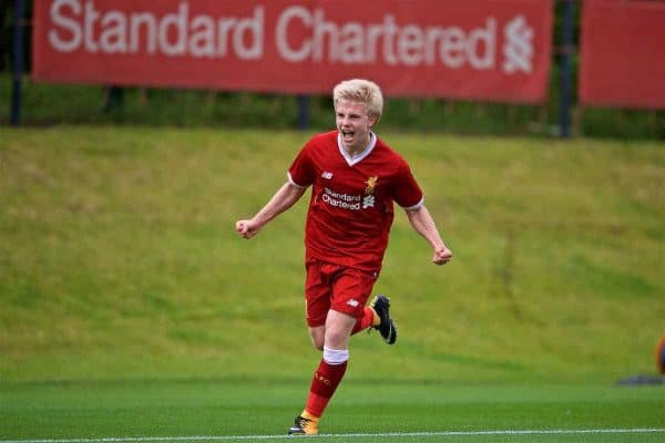 KIRKBY, ENGLAND - Saturday, August 19, 2017: Liverpool's Edvard Sandvik Tagseth celebrates scoring the first goal during an Under-18 FA Premier League match between Liverpool and Blackburn Rovers at the Kirkby Academy. (Pic by David Rawcliffe/Propaganda)